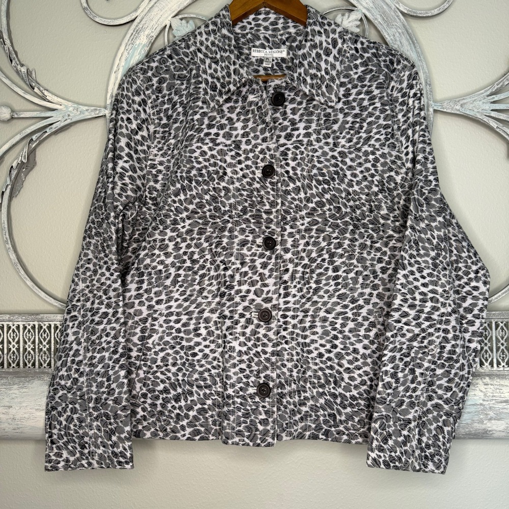 Rebecca Malone Petite Leopard Print Jacquard Button Front Jacket White Black PL